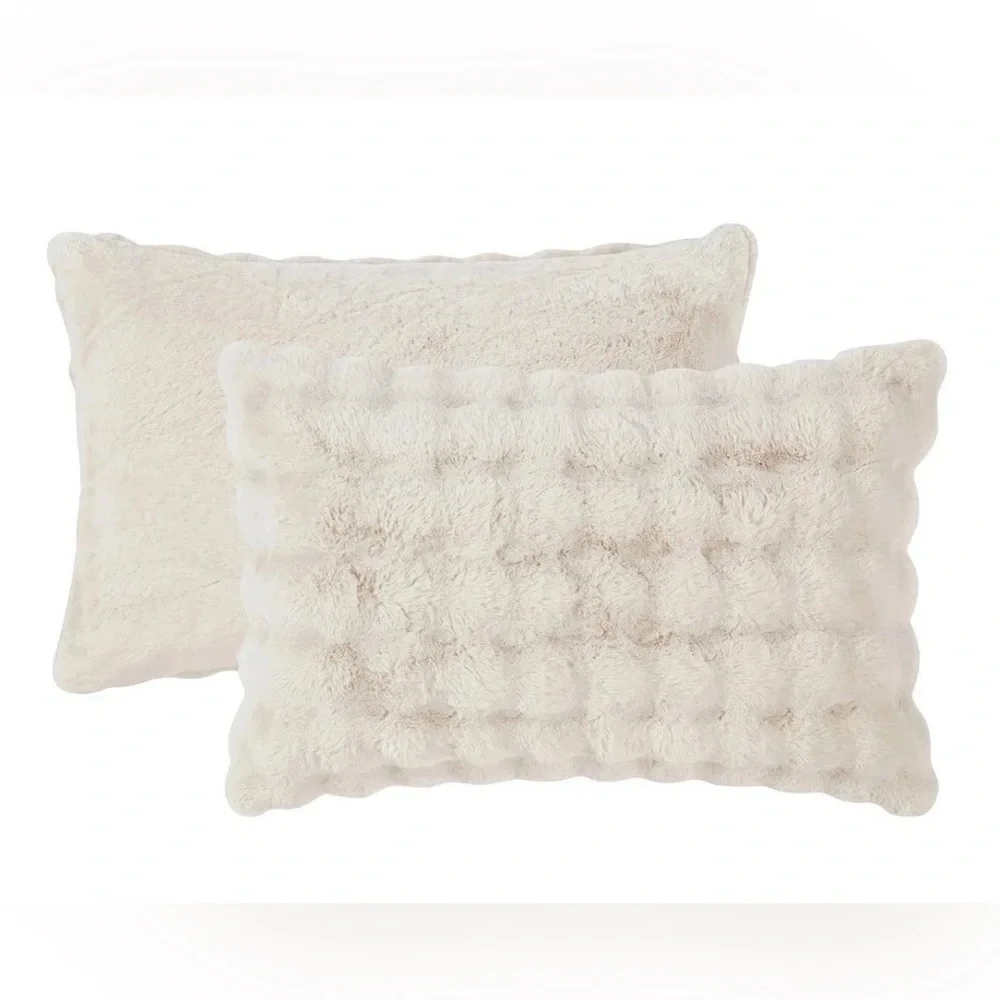 FRYE KING Luxury Bubble Faux Fur Comforter 3 Piece Set, Cream - Reversible